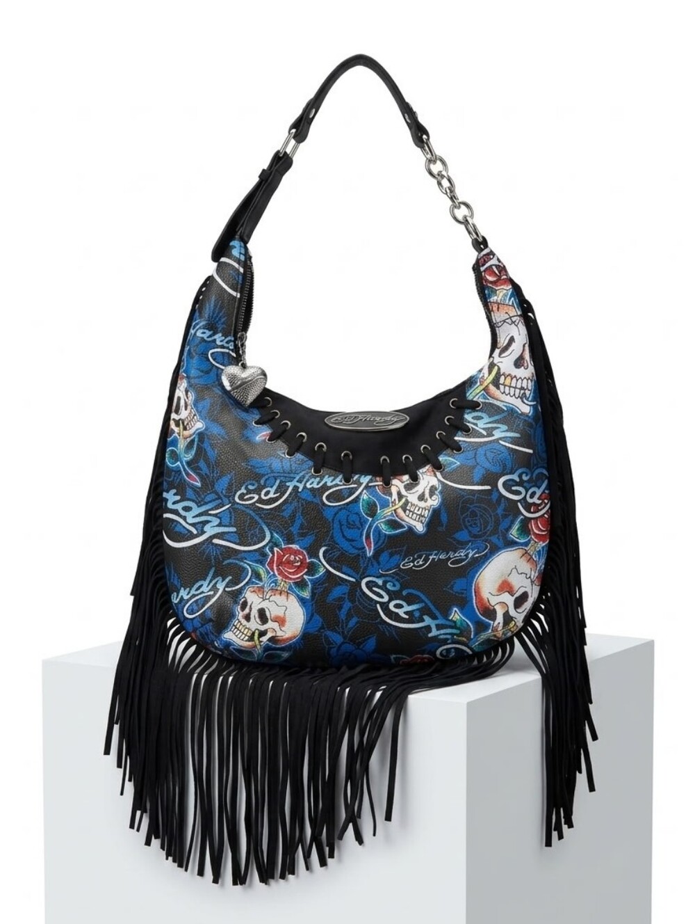Ed Hardy Blue & Black Skull Fringe Hobo Bag NWT